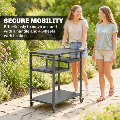 Outdoor Grill Cart, BBQ Stand, Three-Shelf Pizza Oven Stand with Hooks, Garbage Bag Holder, Wheels, Black