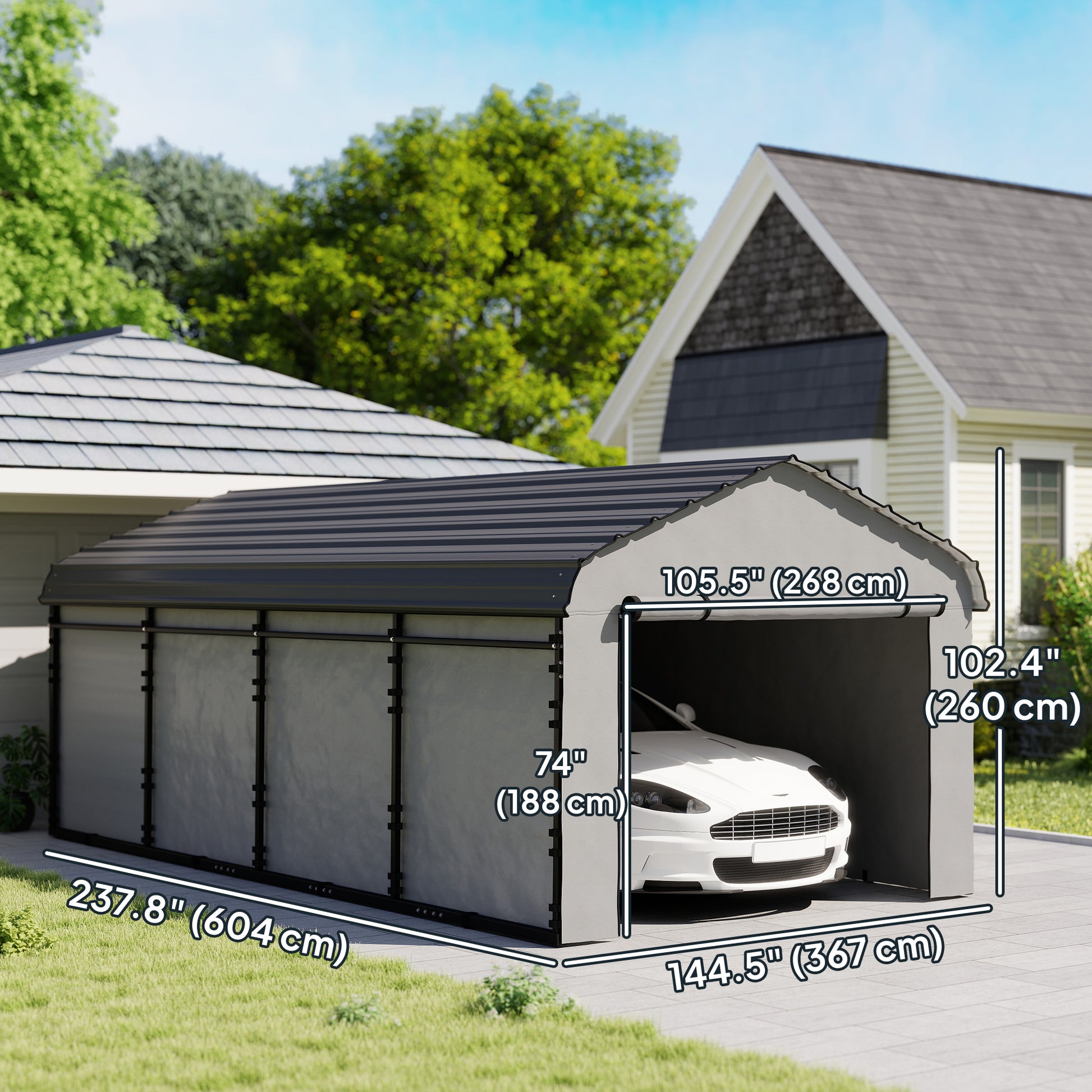 12' x 20' Metal Carport, Heavy Duty Garage Car Shelter with Galvanized Metal Roof and Removable Sidewalls, Light Grey