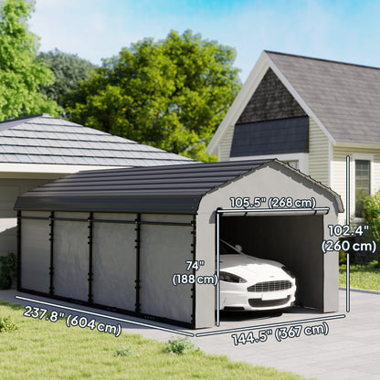 12' x 20' Metal Carport, Heavy Duty Garage Car Shelter with Galvanized Metal Roof and Removable Sidewalls, Light Grey