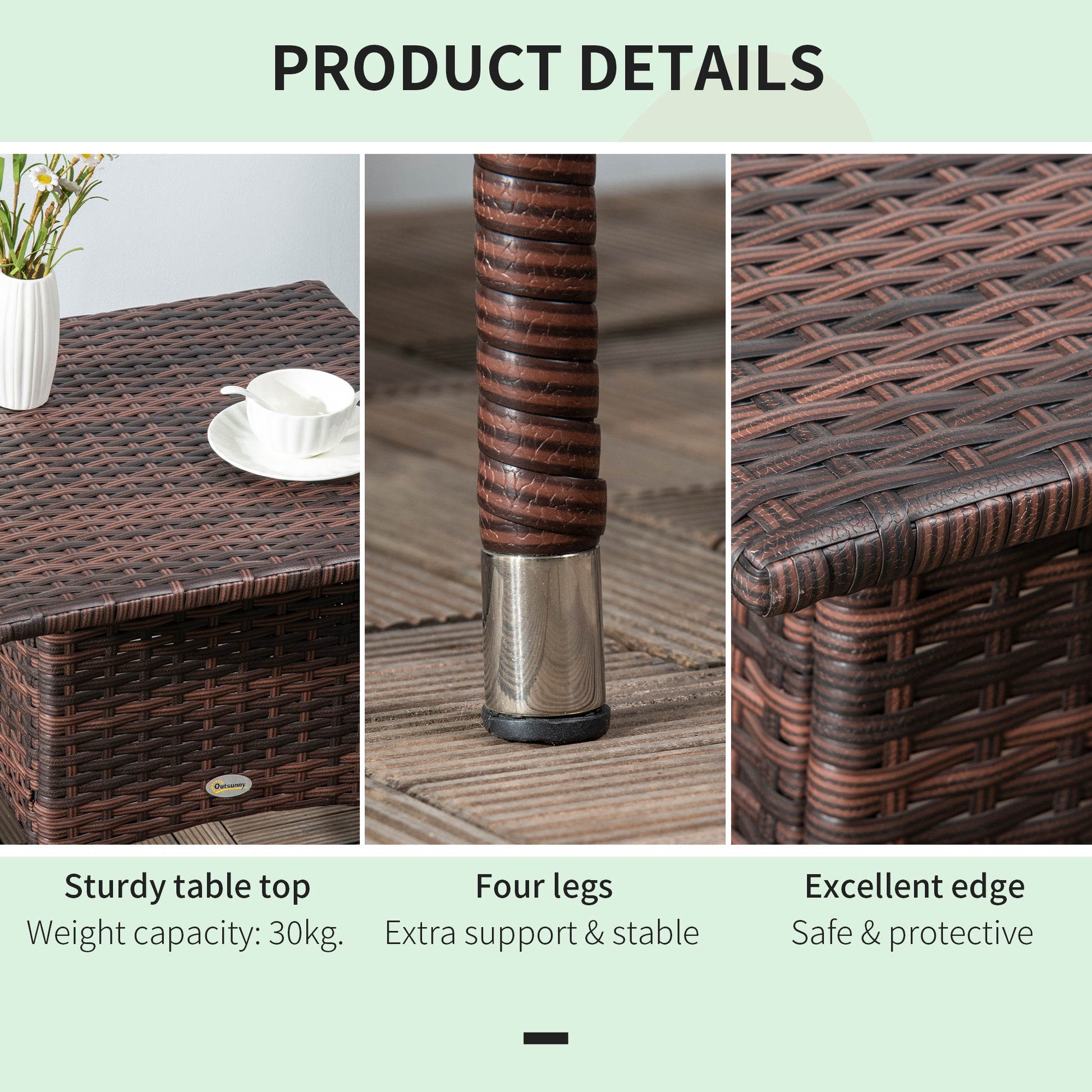 20" Patio Wicker Coffee Table, Outdoor Coffee Table with Plastic Board Underneath the Woven Tabletop for Patio, Garden, Balcony, Mixed Brown