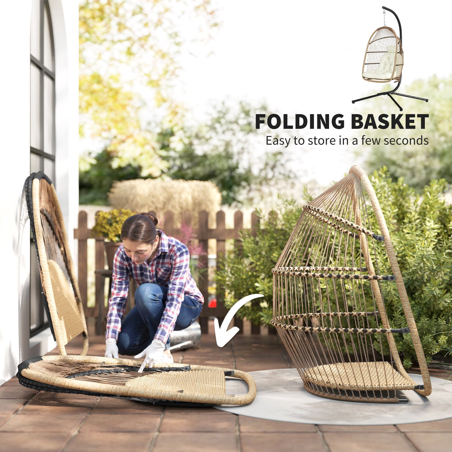 Wicker Egg Swing Chair with Stand, Foldable Hanging Egg Chair with UV Resistant Cushion, Headrest, Beige