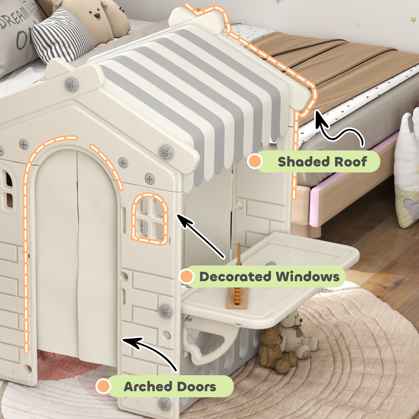 Qaba Kids Playhouse, Indoor Sleek Play House Cottage Pretend Role Games, with Arched Doors, for Ages 1-6 Years