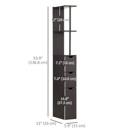 Tall Bathroom Storage Cabinet, Narrow Bathroom Cabinet with Drawers and Open Shelves for Small Spaces, Brown