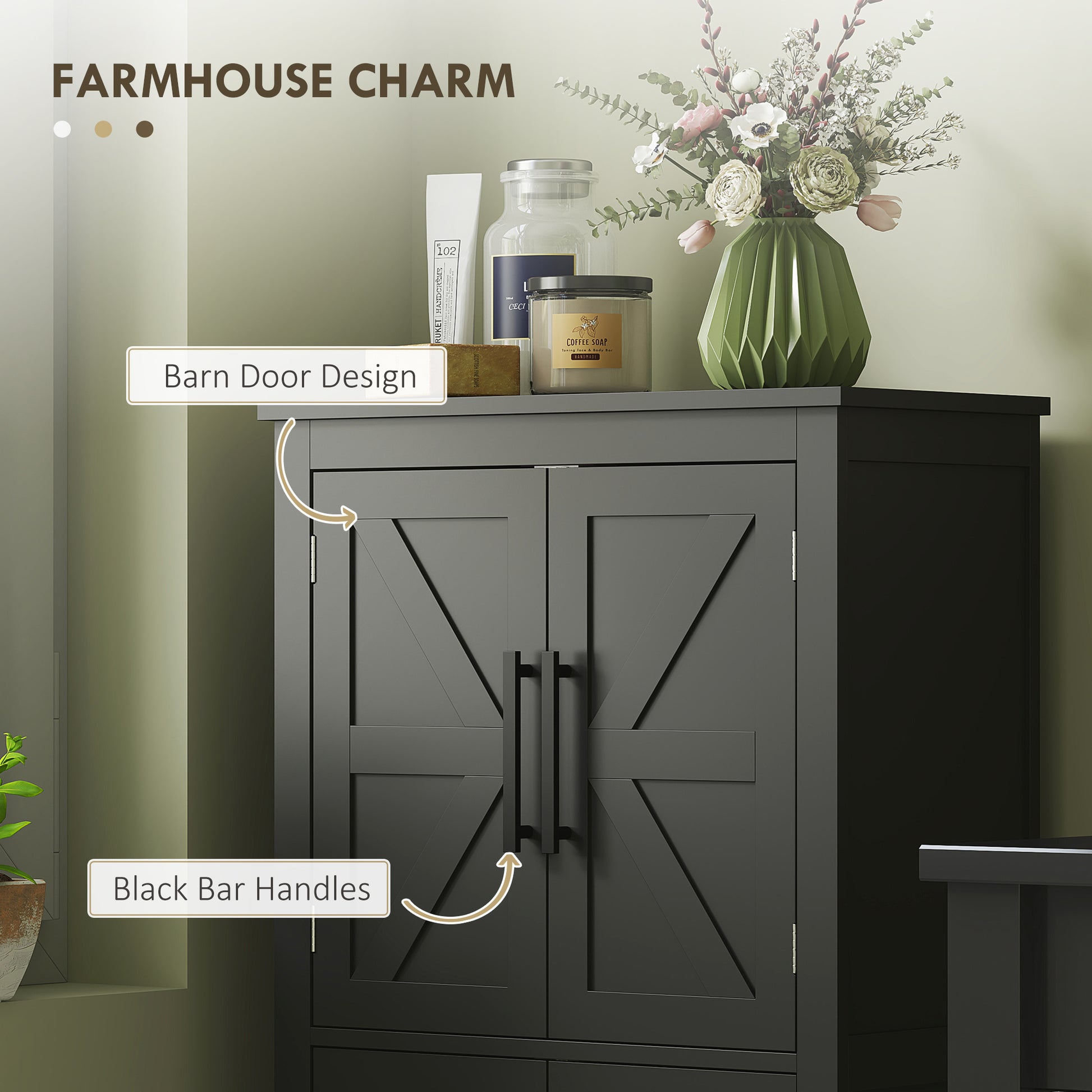 Farmhouse Bathroom Storage Cabinet, Bathroom Floor Cabinet with Barn Doors and Adjustable Shelf, Black