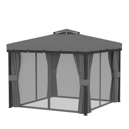 10' x 10' 2-Tier Outdoor Gazebo Canopy Tent with Zippered Mesh Sidewalls, Aluminum Frame for Patio, Backyard Light Grey