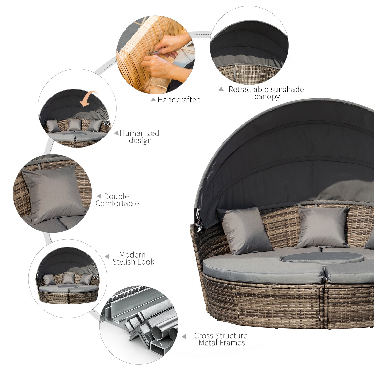 4 Pieces Outdoor Daybed with Retractable Canopy, PE Rattan Wicker Round Sofa Day Bed, Patio Sectional Conversation Furniture Set with Cushions and Pillows, Grey