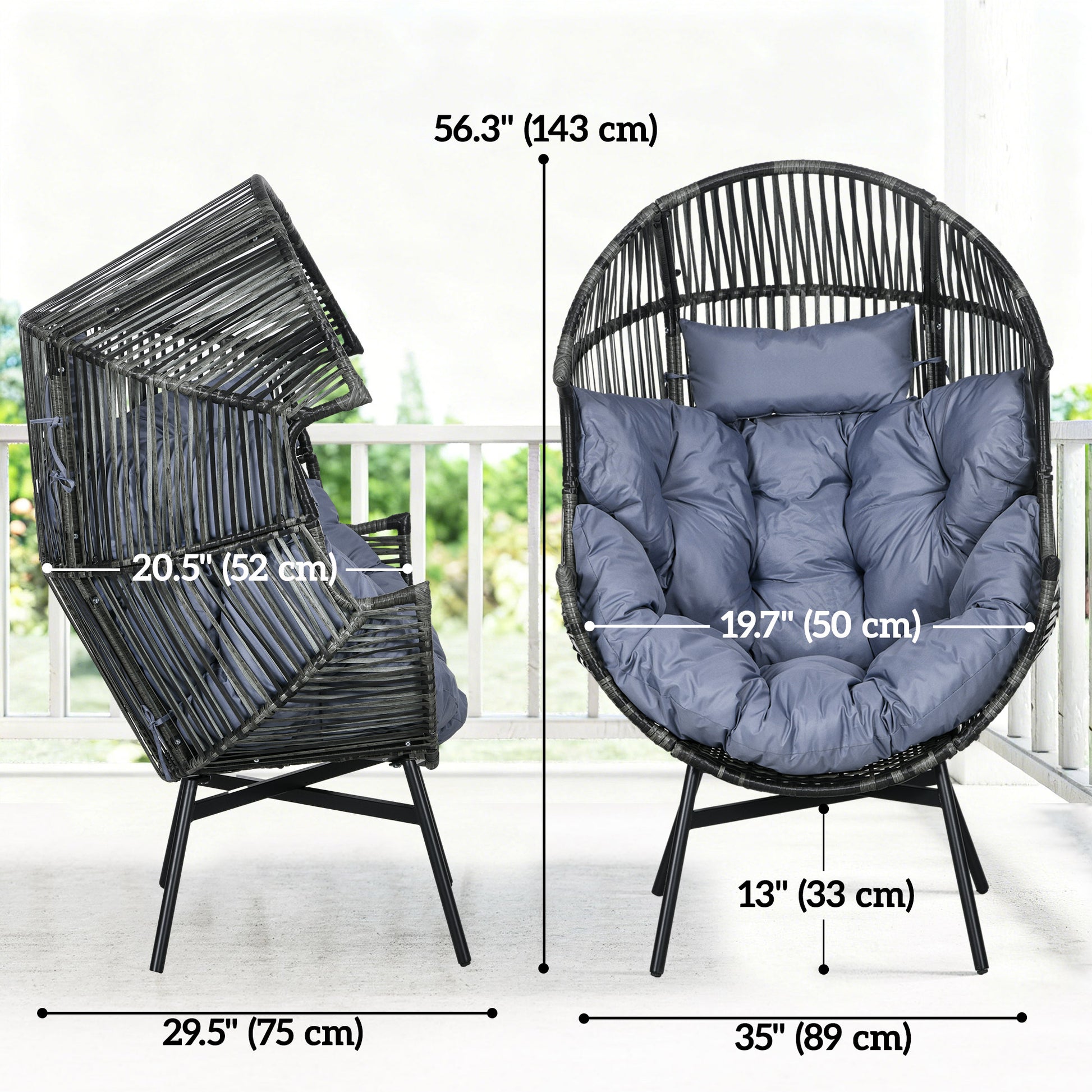 Wicker Egg Chair Outdoor Indoor Rattan Oversized Patio Lounge Chair with 5.5" Cushions and Headrest, Grey