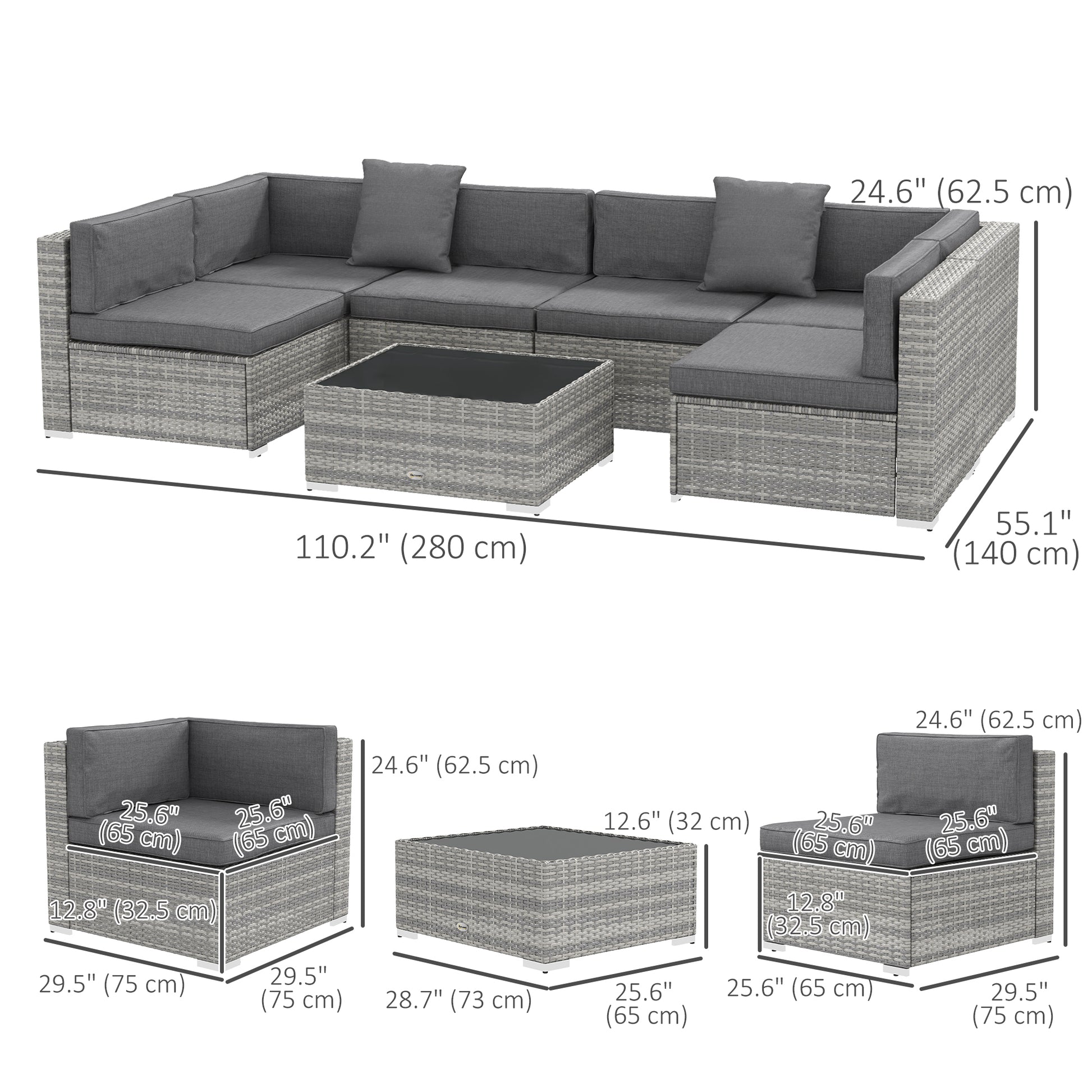 7 Pieces Patio Furniture Set, Rattan Conversation Set Garden Wicker Sofa Set with Washable Cushions and Coffee Table, Grey