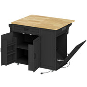 Kitchen Island Cart, Portable Kitchen Island Table with Charging Station, Rubber Wood Drop Leaf, Trash Storage, Black