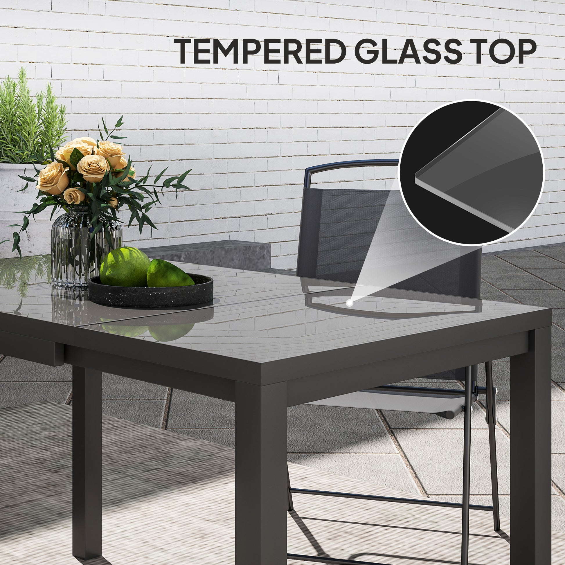 Extendable Patio Dining Table, 33.5"-49.2" Adjustable Outdoor Dining Table for 4-6 Person, with Tempered Glass Top, Metal Frame, for Lawn, Garden, Dark Grey