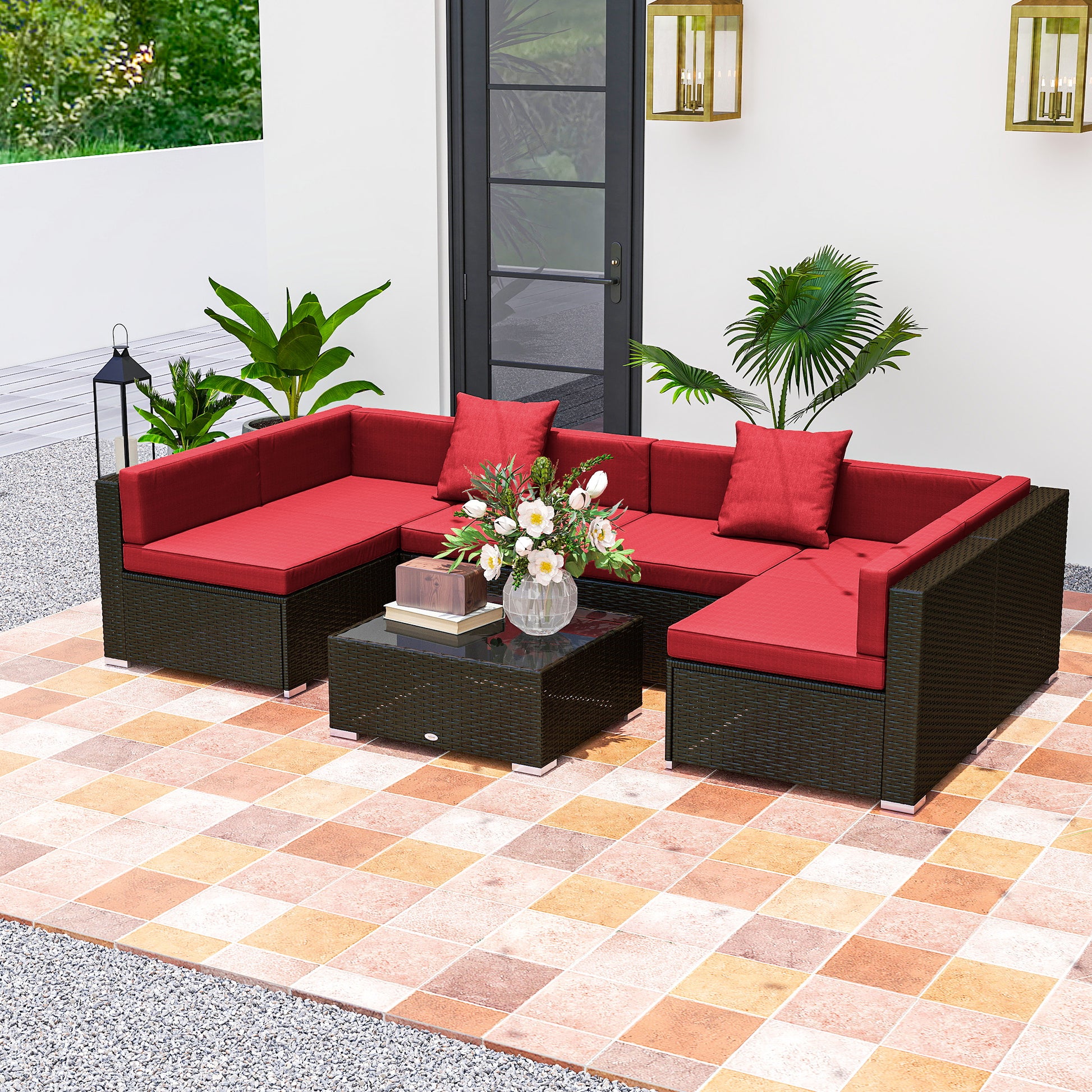 7 Pieces Patio Furniture Set, Rattan Conversation Set Garden Wicker Sofa Set with Washable Cushions and Coffee Table, for Deck Balcony Yard, Wine Red