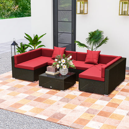 7 Pieces Patio Furniture Set, Rattan Conversation Set Garden Wicker Sofa Set with Washable Cushions and Coffee Table, for Deck Balcony Yard, Wine Red