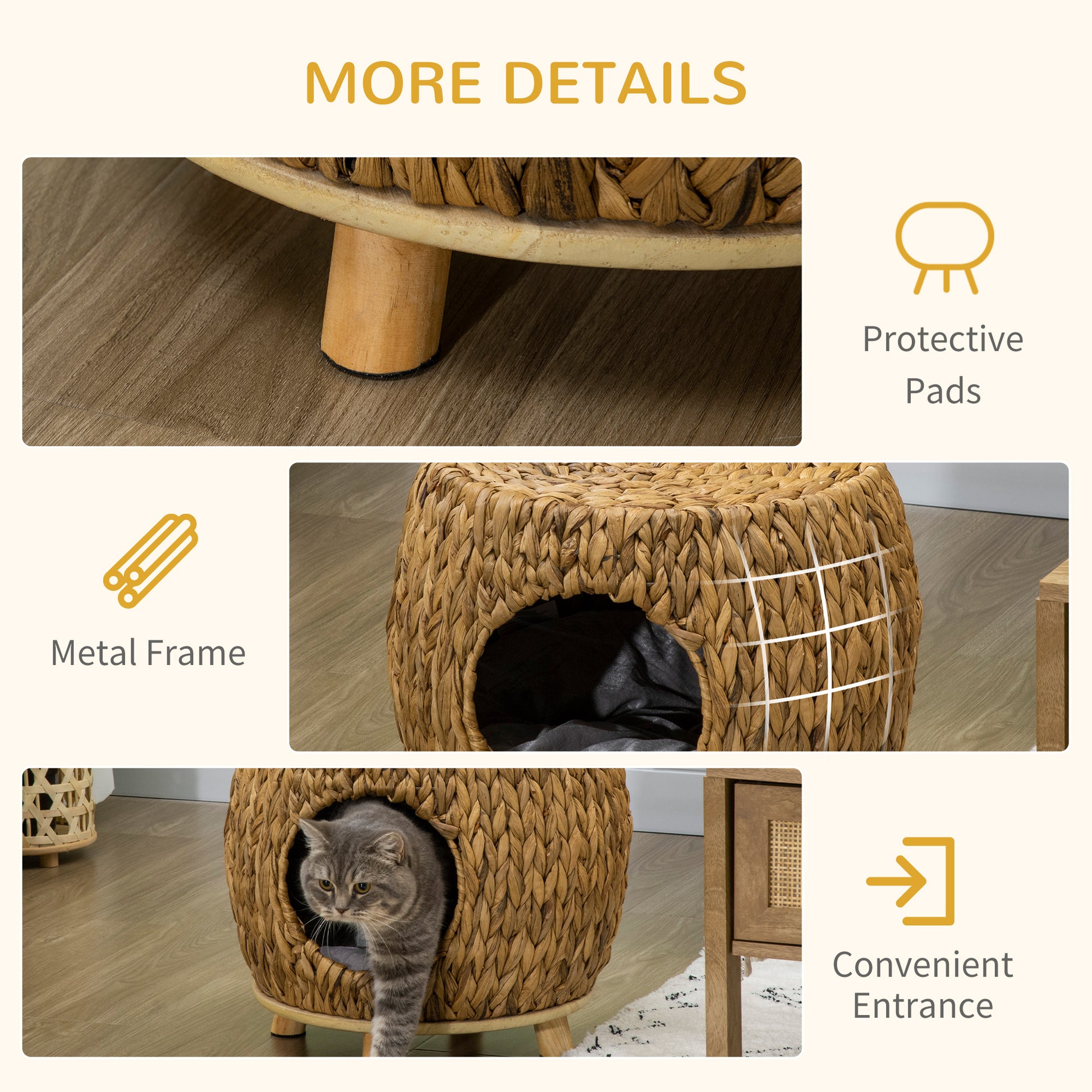 Wicker Cat Bed with Washable Cushion, Elevated Rattan Kitten Bed for Indoor Cats, Light Brown