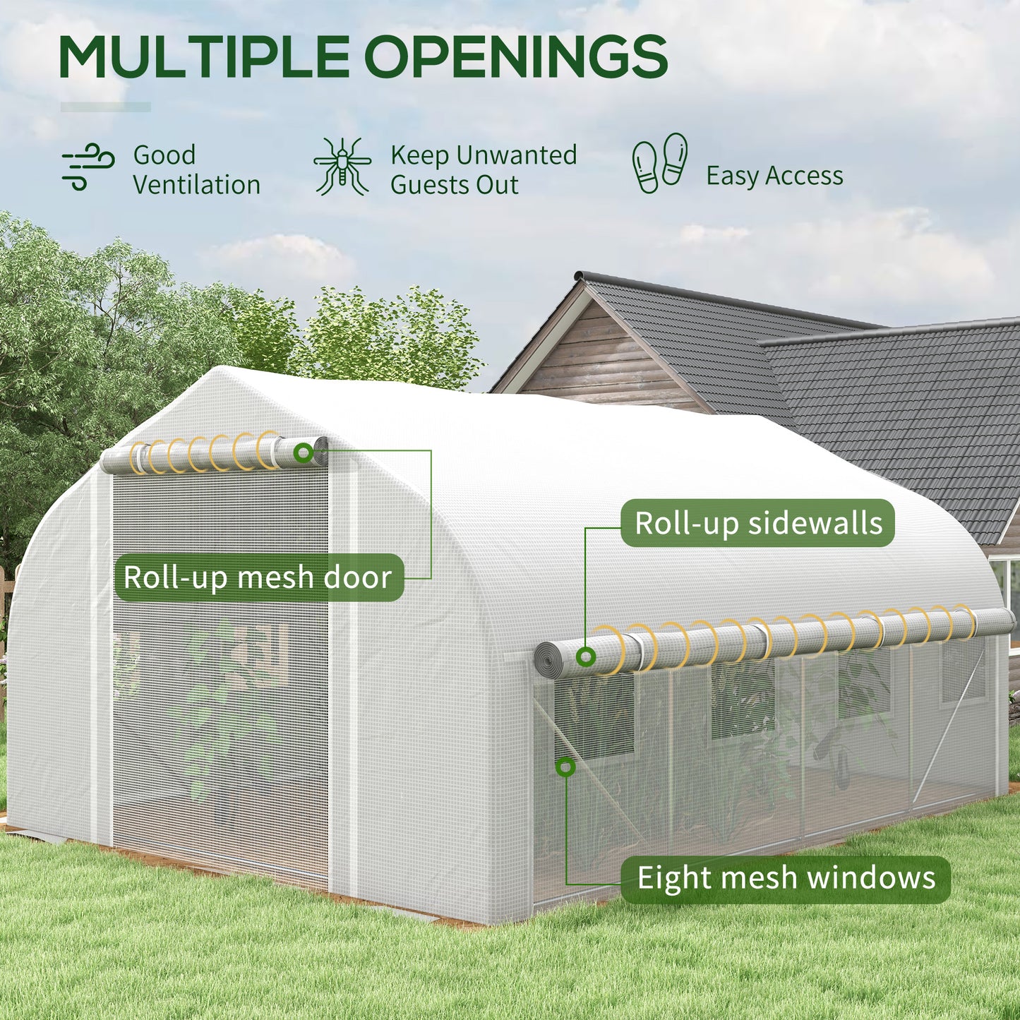 13 x 9.8ft Walk-in Polytunnel Greenhouse, Zipped Roll Up Sidewalls, Mesh Door, 8 Mesh Windows, Plant Labels and Gloves, Wind Resistance, White