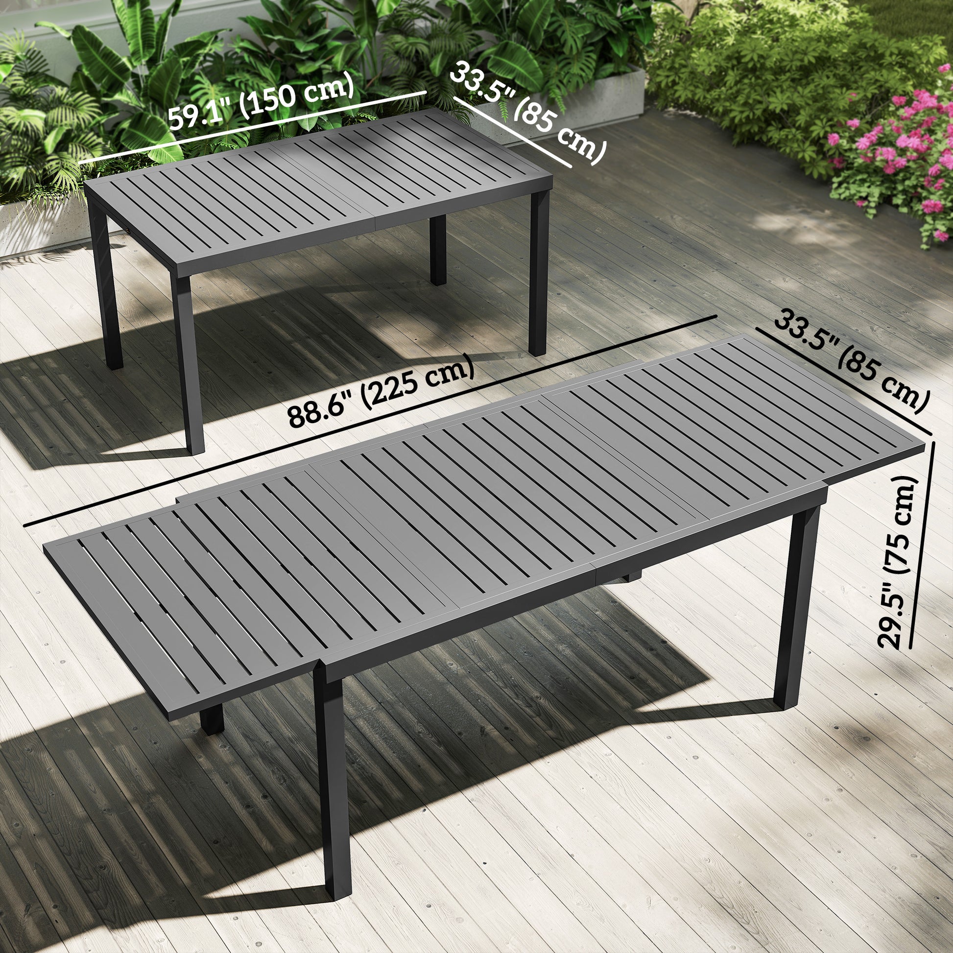 Expandable Outdoor Dining Table for 6-8 People, 59"-89" Aluminum Patio Dining Table with Slatted Top, Dark Grey