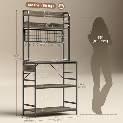 Kitchen Baker's Rack with Power Outlet and LED Light, 5-Tier Coffee Bar Station with 10 Hooks, Grey