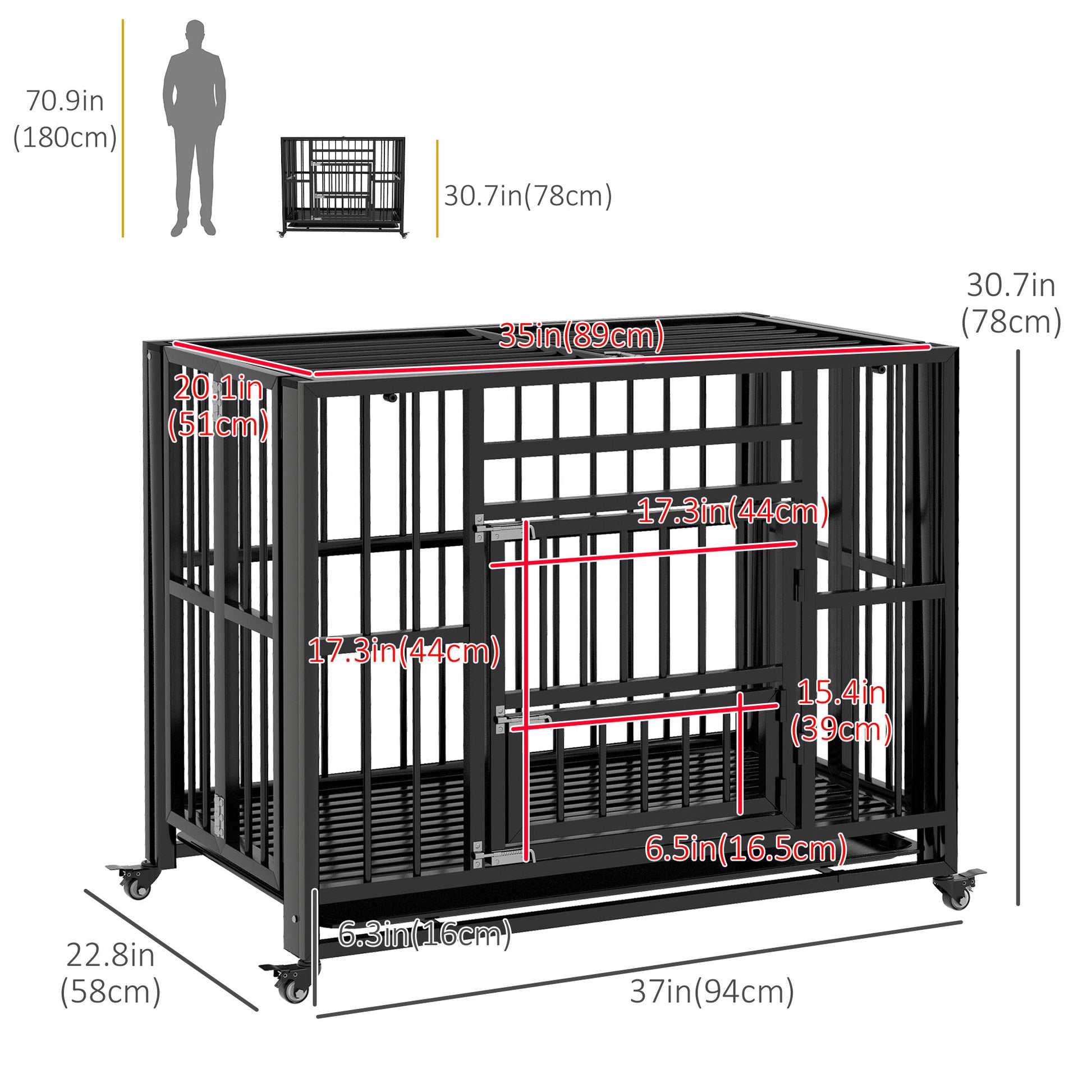 37" Heavy Duty Dog Crate, Foldable Dog Cage on Wheels with Double Locks, Removable Tray, Openable Top, Double Doors, Indoor Outdoor Use, for Small and Medium Dogs - Black