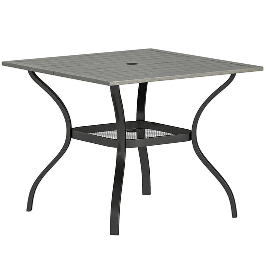Outdoor Dining Table for 4, Square Patio Table with Umbrella Hole, Shelf, Slatted Faux Wood Steel Top, Grey