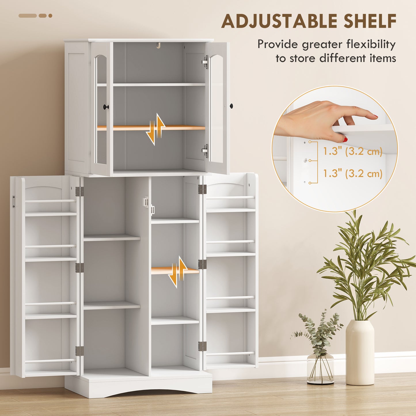 64" Tall Kitchen Pantry Cabinet, Kitchen Cabinet with Soft-Close Acrylic Doors, 10 Shelves, 8 Door Racks, White