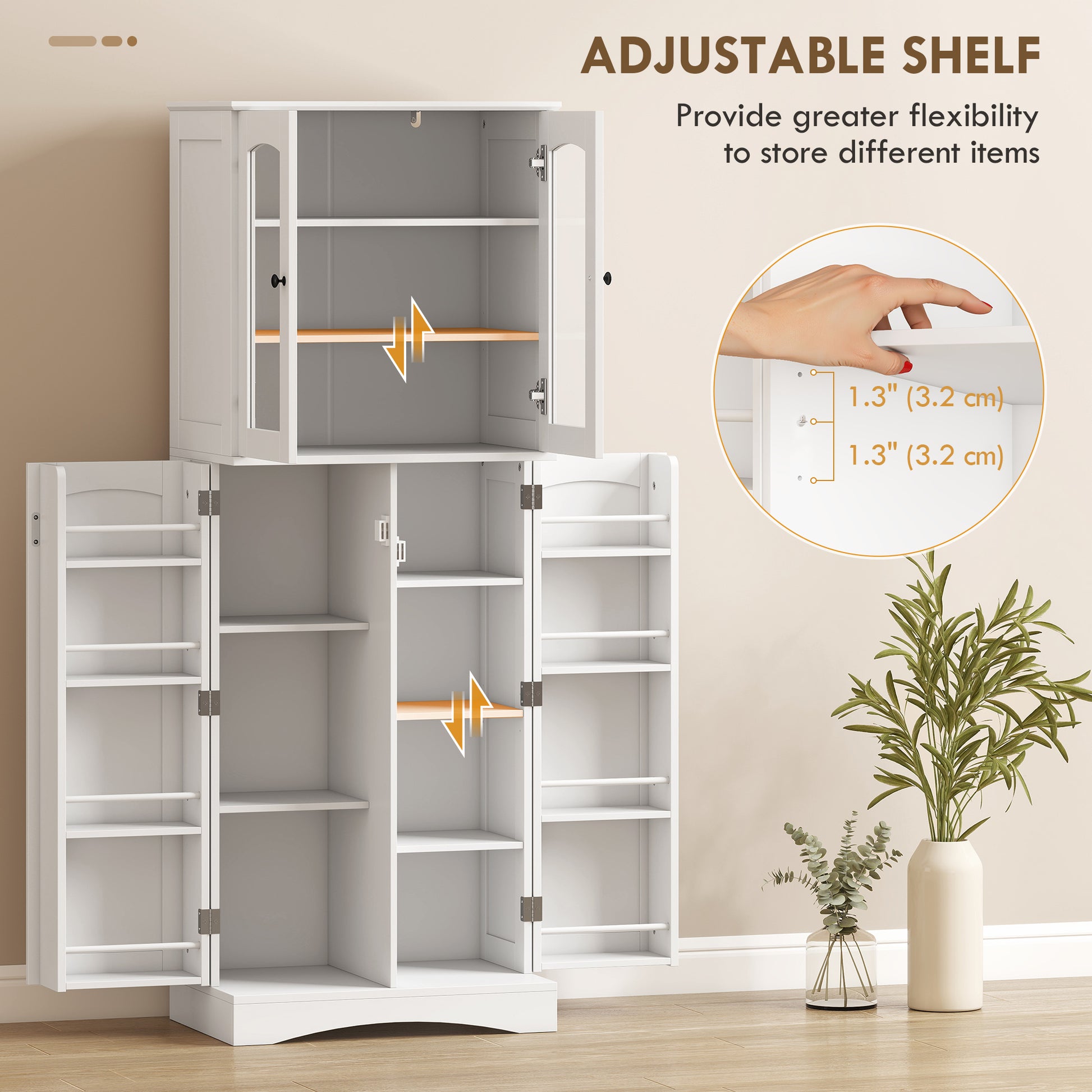 64" Tall Kitchen Pantry Cabinet, Kitchen Cabinet with Soft-Close Acrylic Doors, 10 Shelves, 8 Door Racks, White