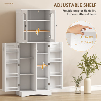 64" Tall Kitchen Pantry Cabinet, Kitchen Cabinet with Soft-Close Acrylic Doors, 10 Shelves, 8 Door Racks, White