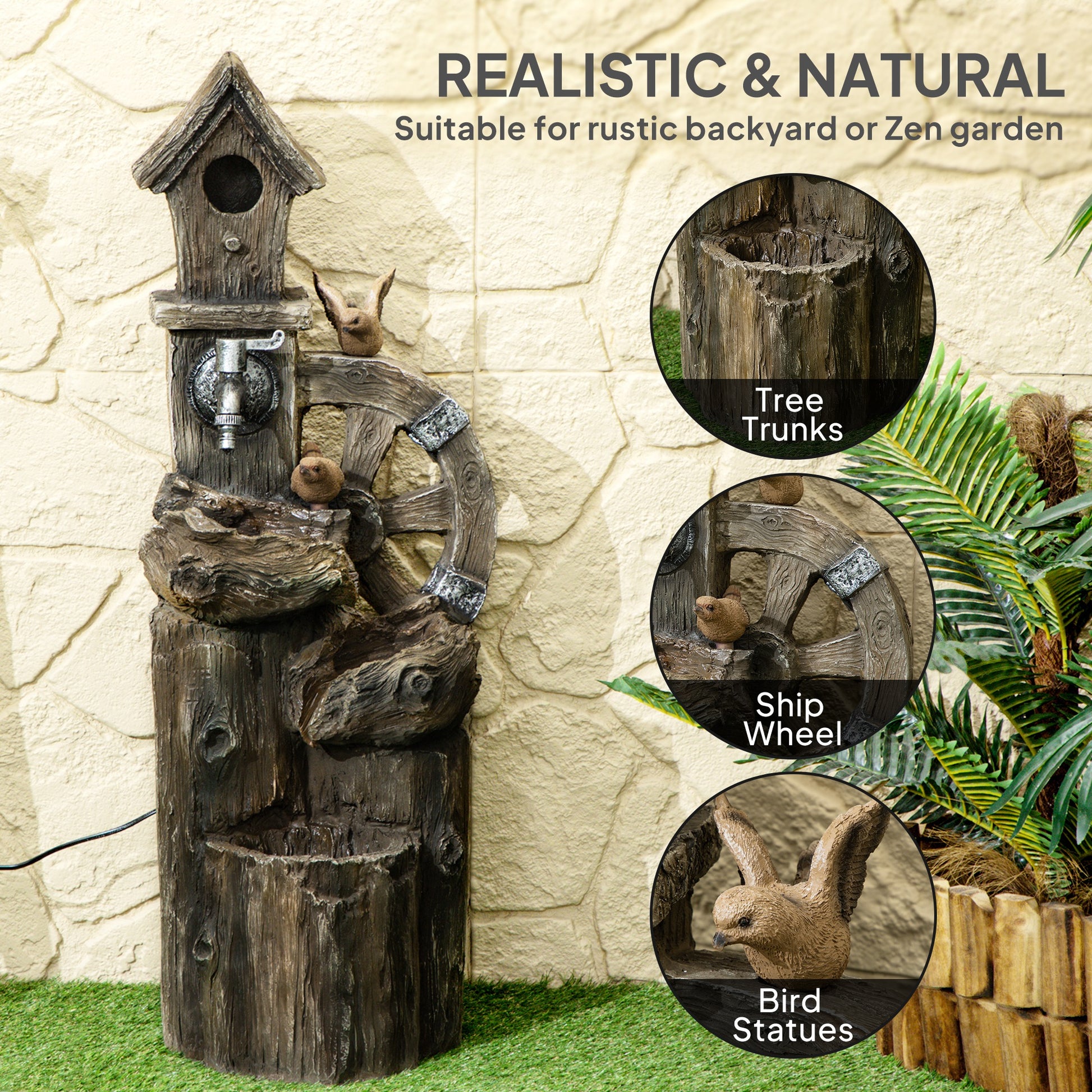 2-in-1 Outdoor Water Fountain with Birdhouse, Outdoor Waterfall, 13.6" L x 11.6" W x 36.2" H Mixed Colour
