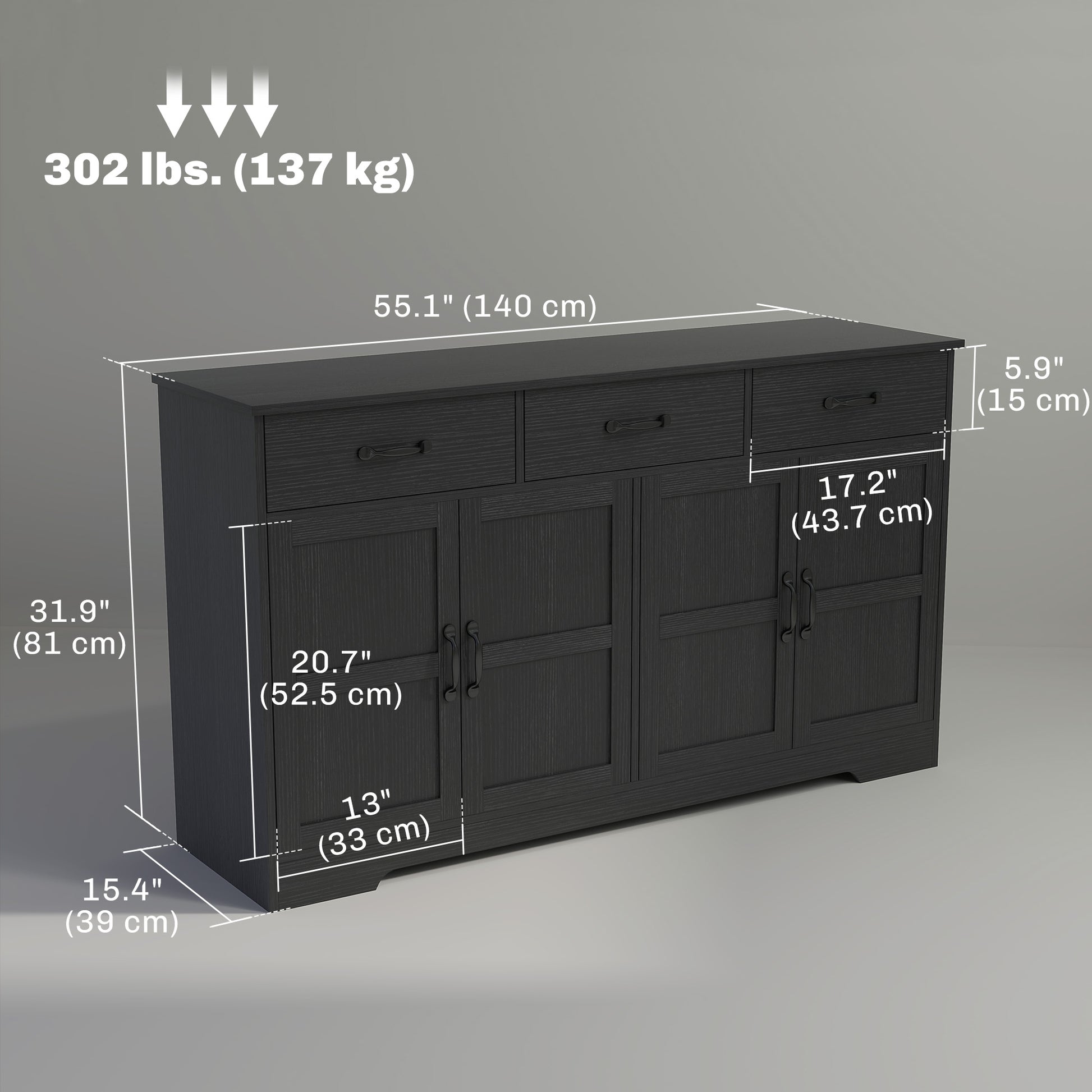 Sideboard Buffet Cabinet with Storage, Modern Coffee Bar Cabinet with 3 Drawers and Adjustable Shelves, Distressed Black