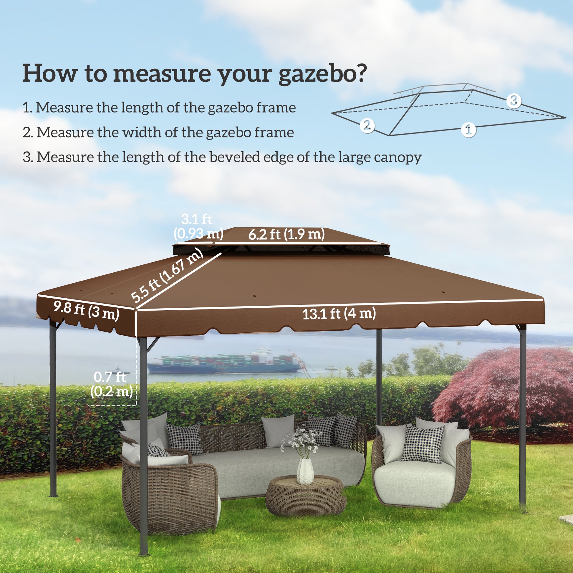 13' x 10' Gazebo Replacement Canopy, Gazebo Top Cover with Double Vented Roof for Garden Patio(TOP ONLY), Coffee