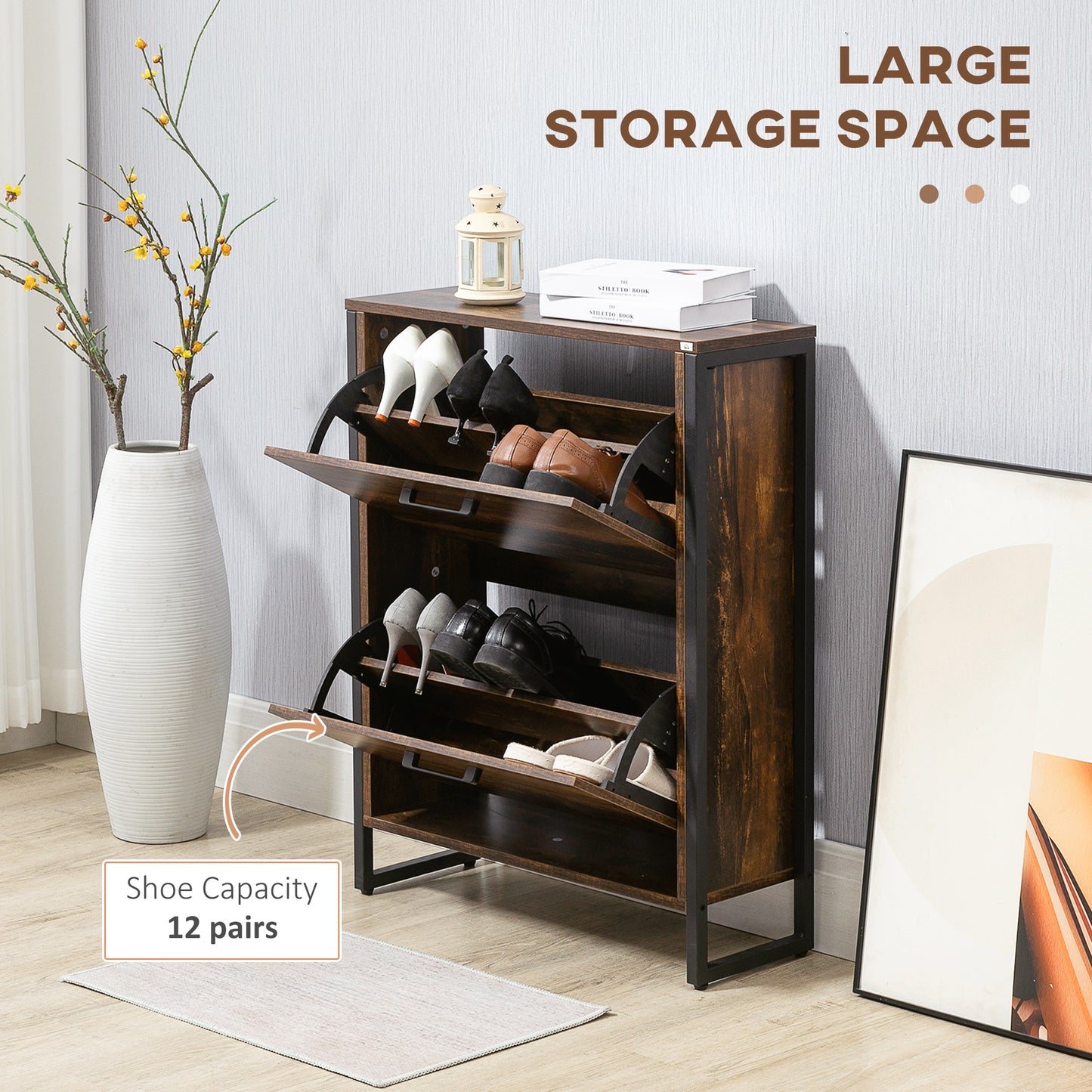 Shoe Cabinet with 2 Flip Doors, Slim 2-Drawer Shoe Cupboard with Divider and Open Compartment for 12 Pairs of Shoes, Entryway Storage Unit, Rustic Brown