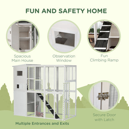 68.7" H Cat Cage Large Wooden Outdoor Cat House with Large Run for Play, Catio for Lounging, and Condo Area for Sleeping, White