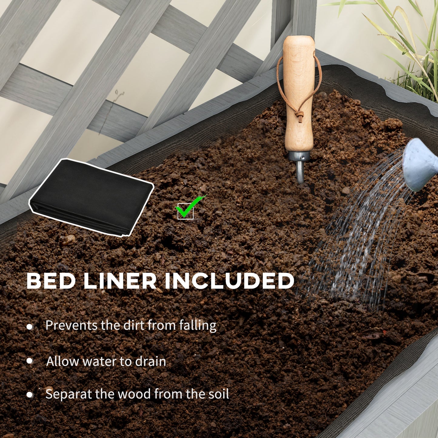 Raised Garden Bed, Wooden Planter with Trellis, Hanging Roof, Plant Shelf, Drainage Holes and Bed Liner, Grey