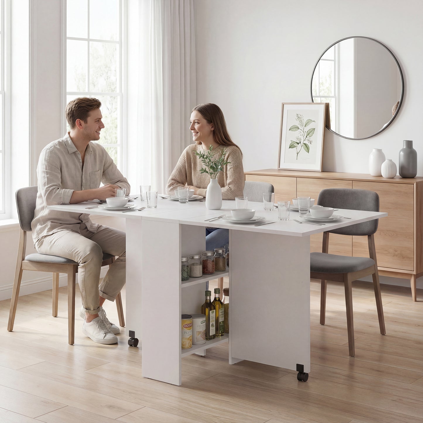 Extendable Dining Table, Collapsible Folding Table w/ 2-tier Shelves and Rolling Casters, White