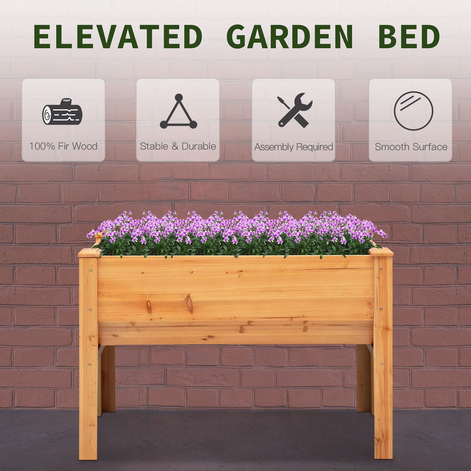 Wooden Raised Garden Plant Stand Outdoor Tall Flower Bed Box with Hooks, 48" x 24" x 32", Nature Wood