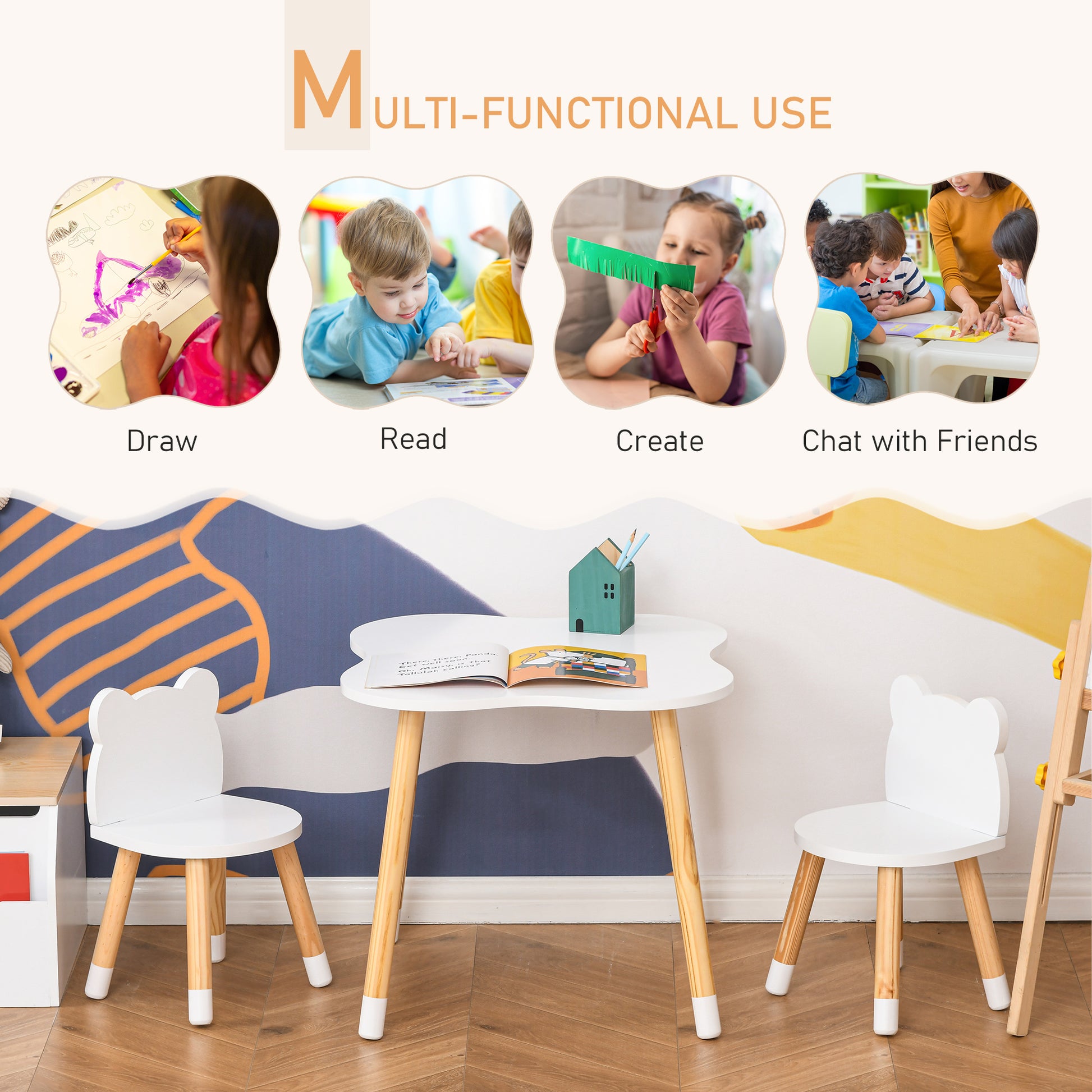 Qaba Kids Wooden Table and 2 Chairs Set, 3-Piece Dining Table with Bear Shape and Rounded Corners for 1-4 Years, White
