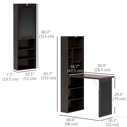 Fold-out Convertible Office Desk, Wall Mount Computer Desk with Blackboard and Side Shelf, Brown