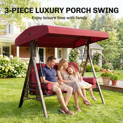 Outdoor Patio 3-Person Steel Canopy Cushioned Seat Bench Swing with Included Side Trays & Padded Comfort, Wine Red