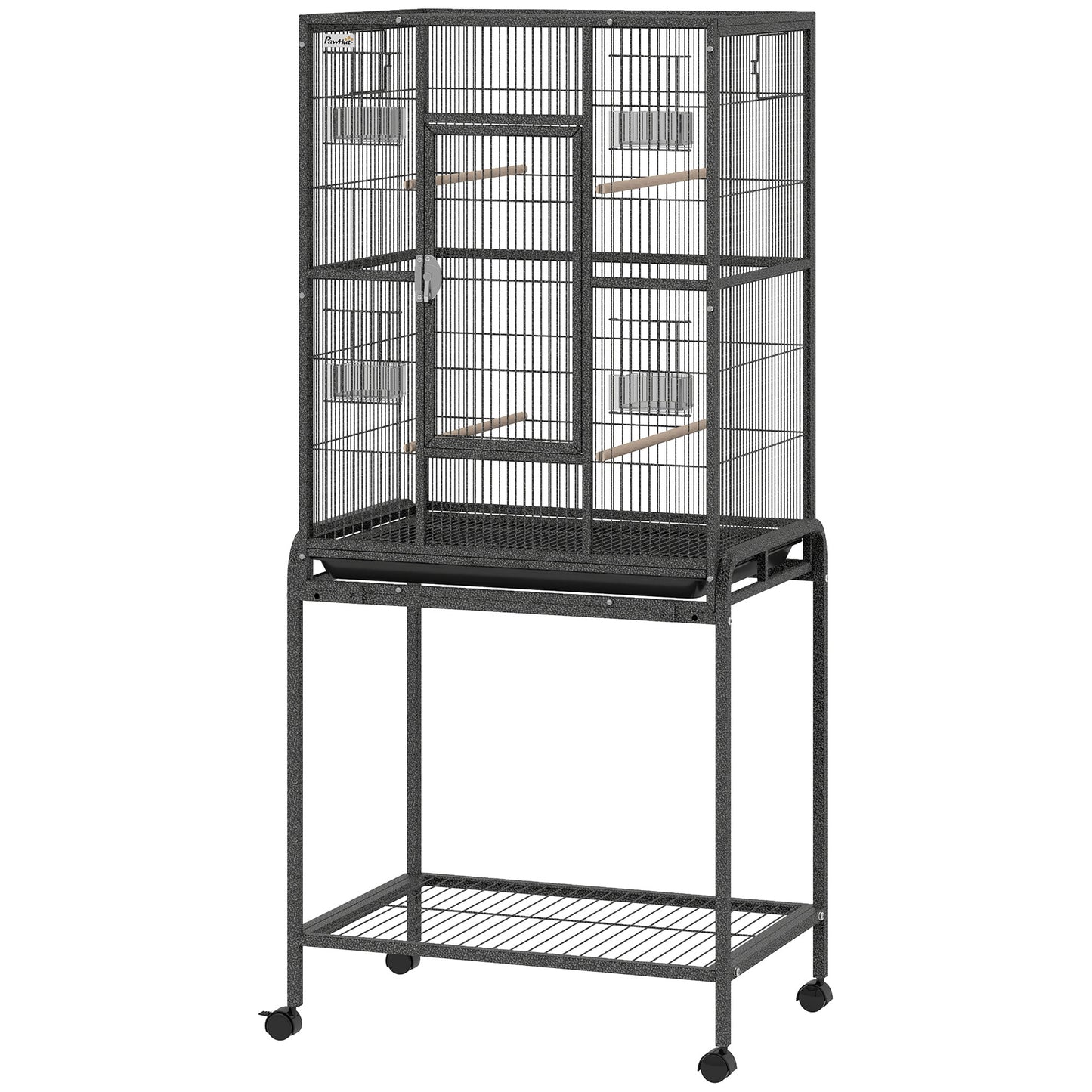 56"H Bird Cage, Parrot Cage w/ Detachable Rolling Stand, Removable Tray, Storage Shelf, Perches, Food Container
