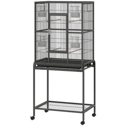 56"H Bird Cage, Parrot Cage w/ Detachable Rolling Stand, Removable Tray, Storage Shelf, Perches, Food Container