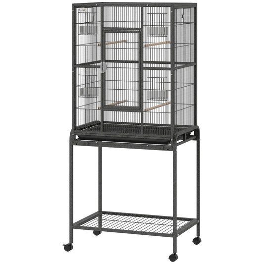 56"H Bird Cage, Parrot Cage w/ Detachable Rolling Stand, Removable Tray, Storage Shelf, Perches, Food Container