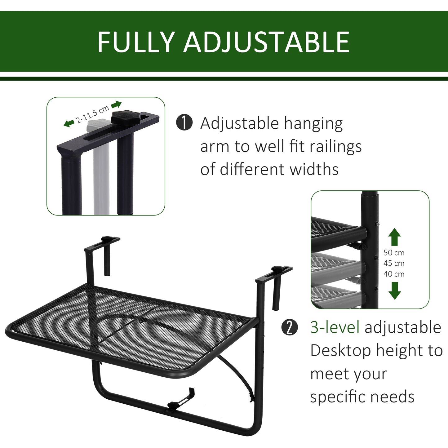 Adjustable Balcony Hanging Railing Table, Metal Mounting Mini Wall Desk Storage Rack, Outdoor Flower Stand Serving Table Rectangle, Black