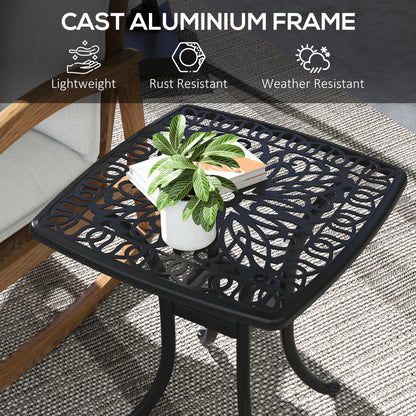 21" Square Outdoor End Table, Cast Aluminum Patio Side Table with Umbrella Hole for Garden, Balcony, Poolside, Black