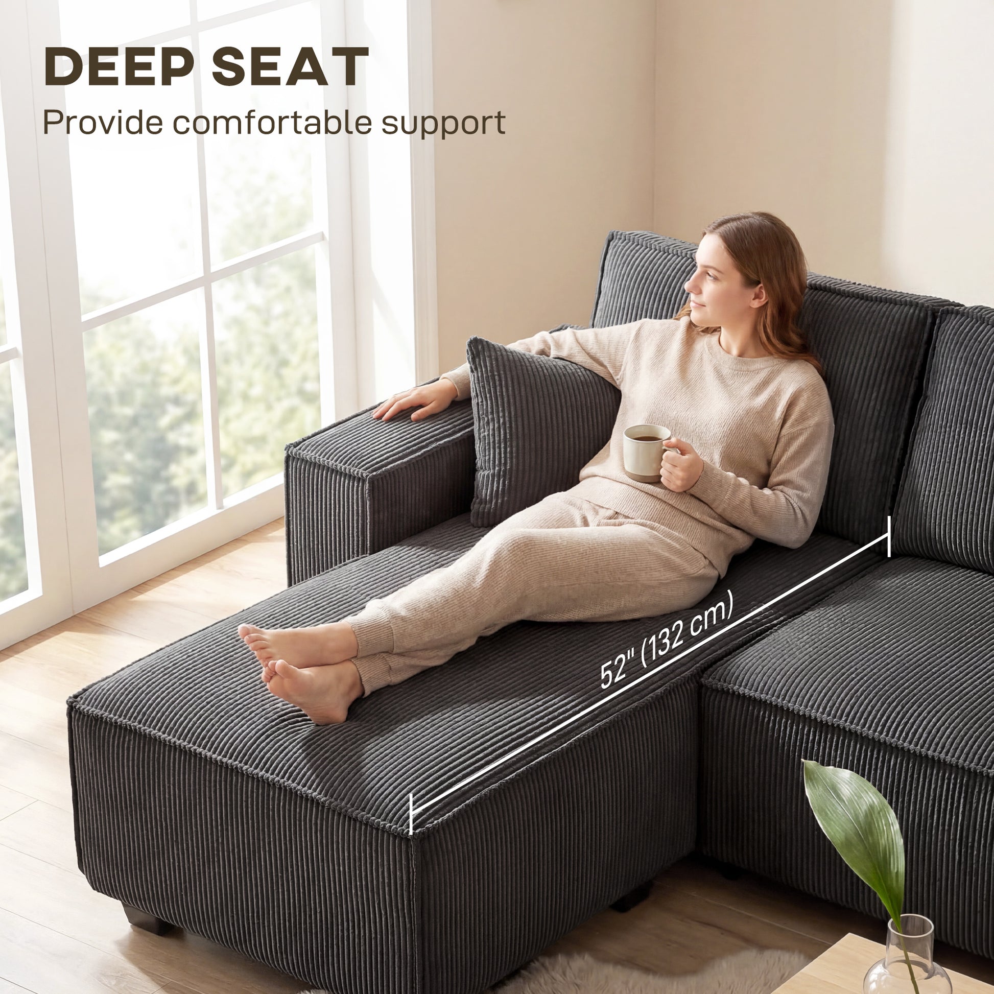 Modular U Shaped Couch, Sectional Sofa with Double Chaises and Spring Cushions, Dark Grey
