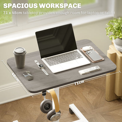 Height Adjustable Standing Desk, Pneumatic Sit Stand Desk with Wheels and Headphone Hook, Grey Wood Grain