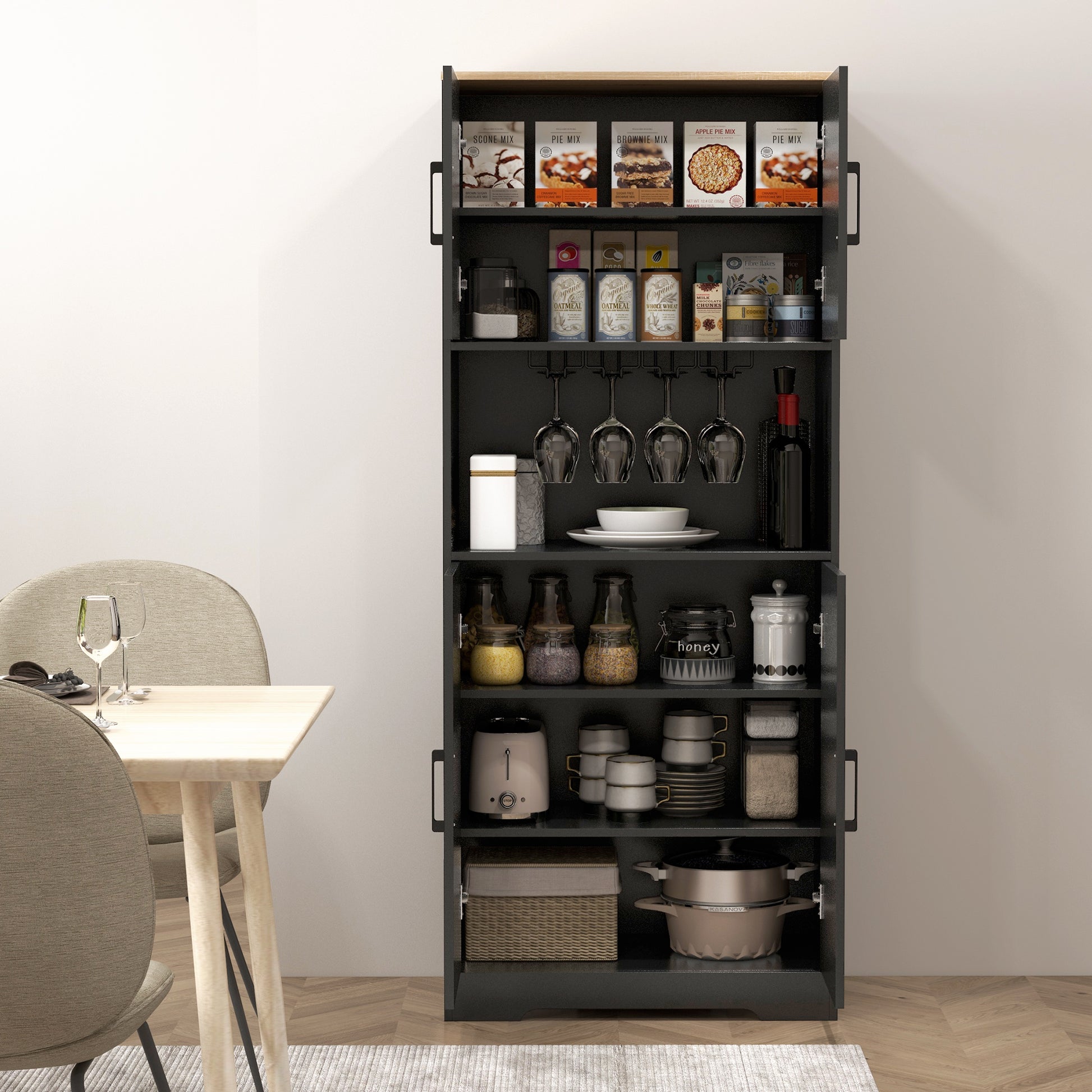 Farmhouse Kitchen Pantry, 68" Freestanding Hutch Storage Cabinet with Microwave Oven Countertop, Black