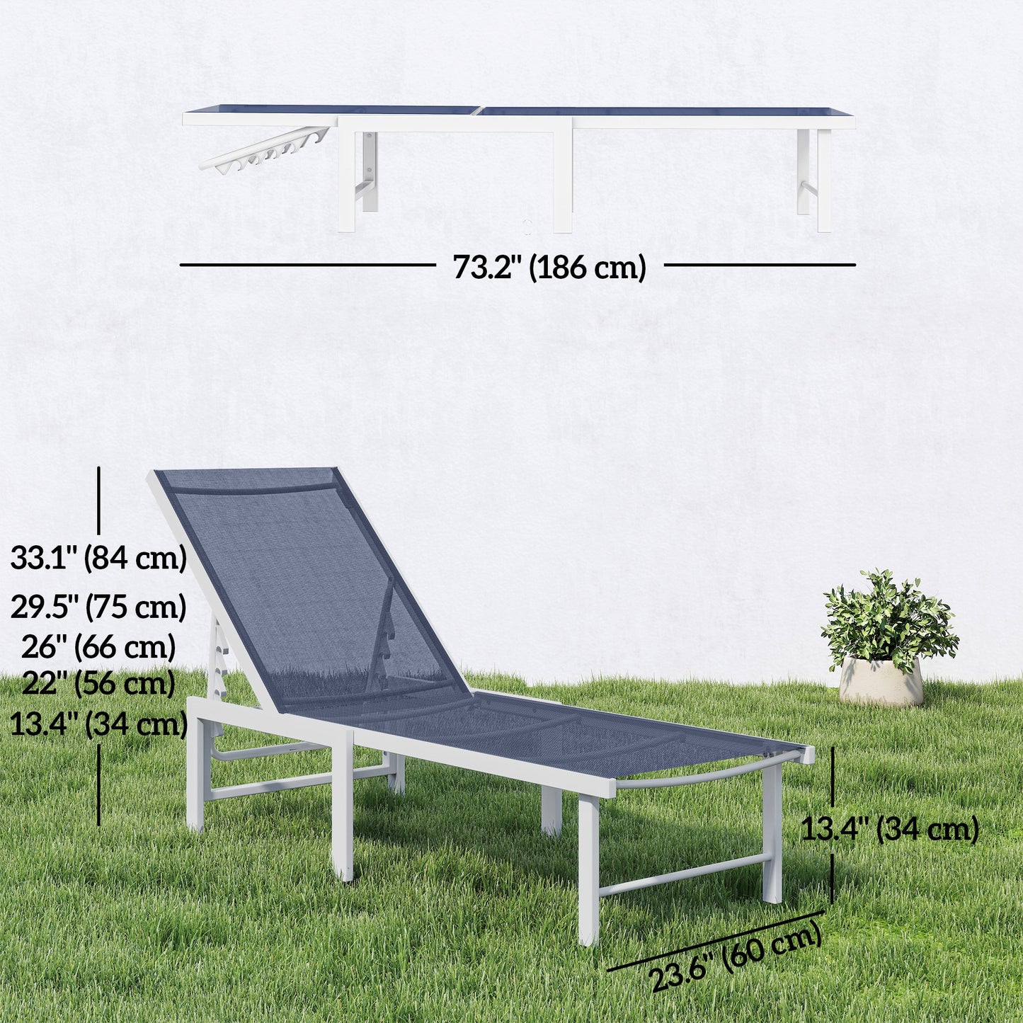 Outdoor Lounge Chair, 5-Position Reclining Outdoor Chaise Lounge Tanning Chair with Mesh Seat, Dark Blue