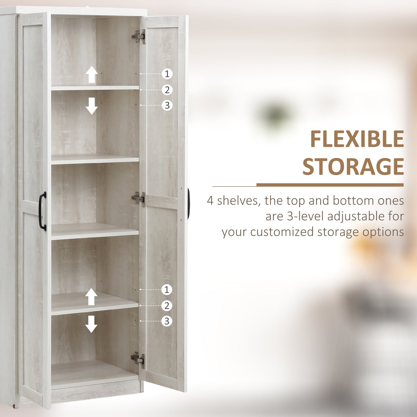 63" Kitchen Storage Cabinet with 5-tier Adjustable Shelves Pantry Cabinet with Doors for Kitchen, Laundry Room, Distressed White