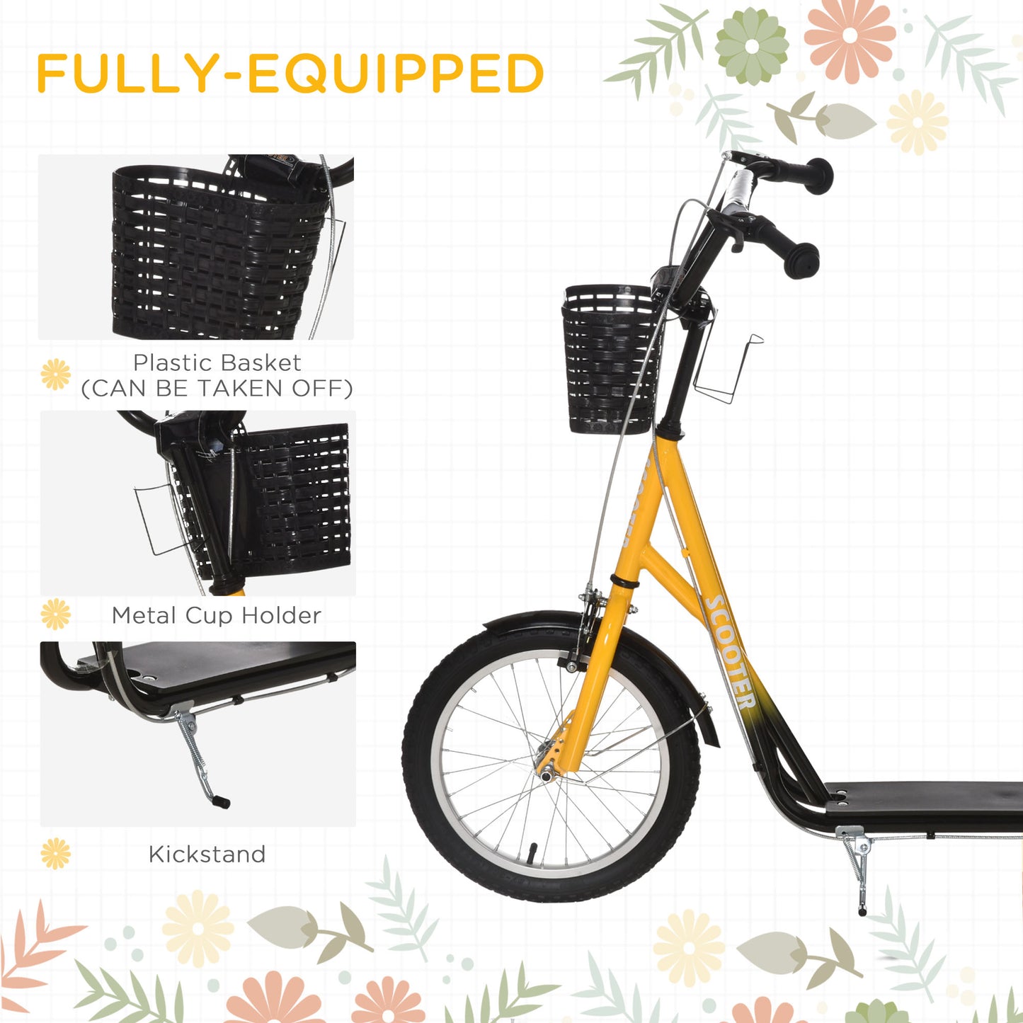 Aosom Kick Scooter with Adjustable Handlebar, Kids Scooter with 2 Brakes Basket Cupholder 16" Inflatable Rubber Tyres Orange