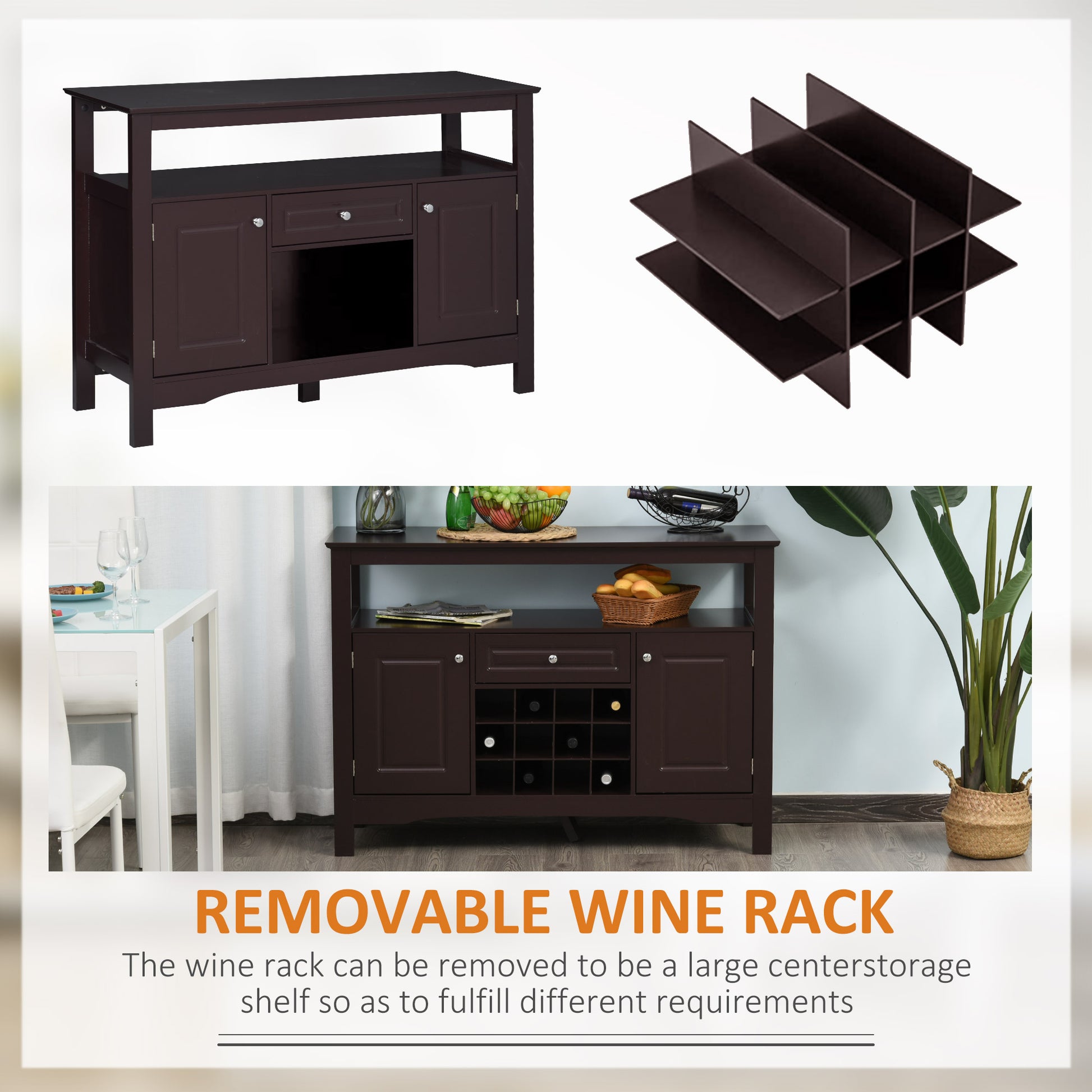 Modern Kitchen Buffet Bar Cabinet Storage Sideboard Dining Server with Drawer & 12-Bottle Wine Rack for Living Room, Espresso