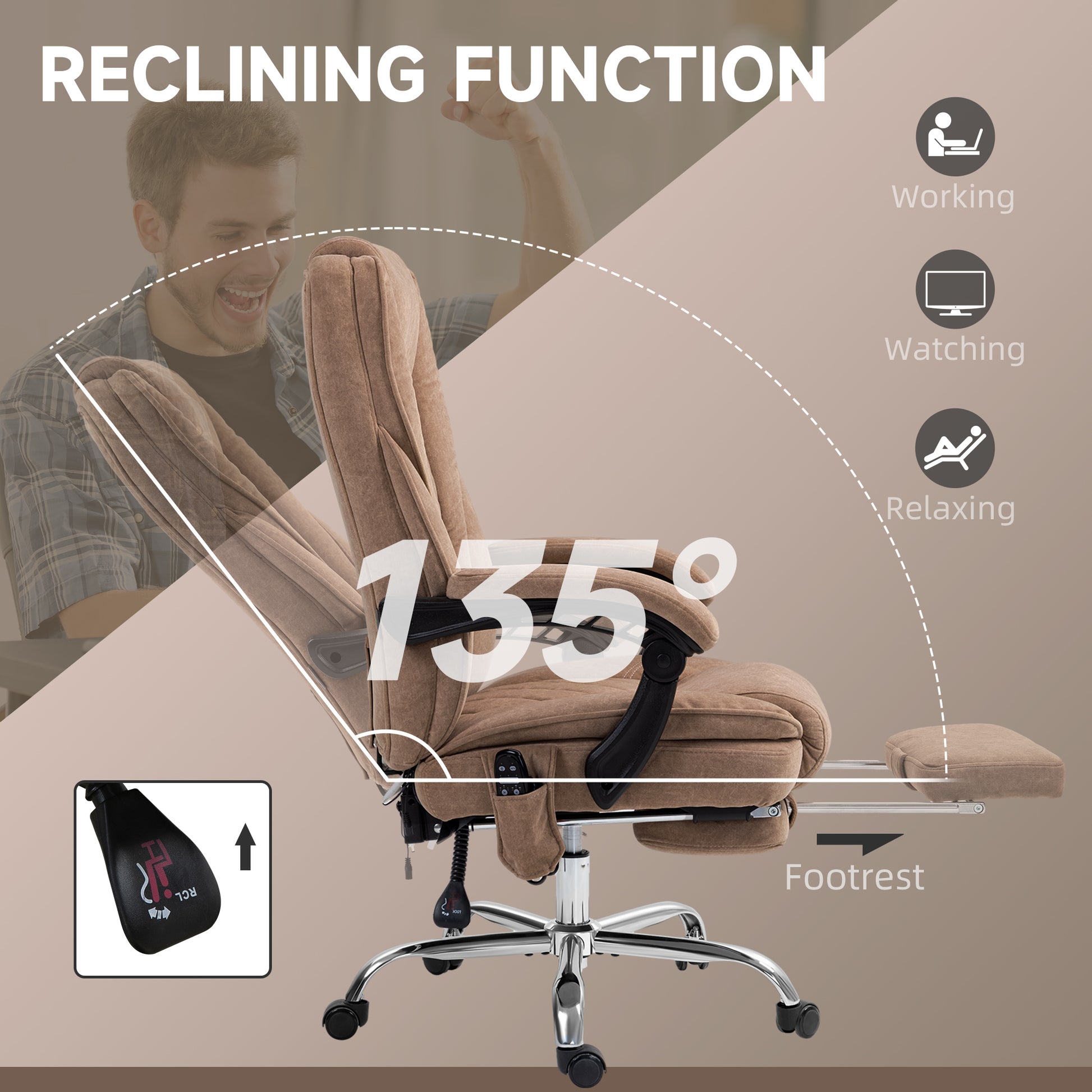 Massage Office Chair, Reclining Computer Chair with Adjustable Height and Footrest, Brown