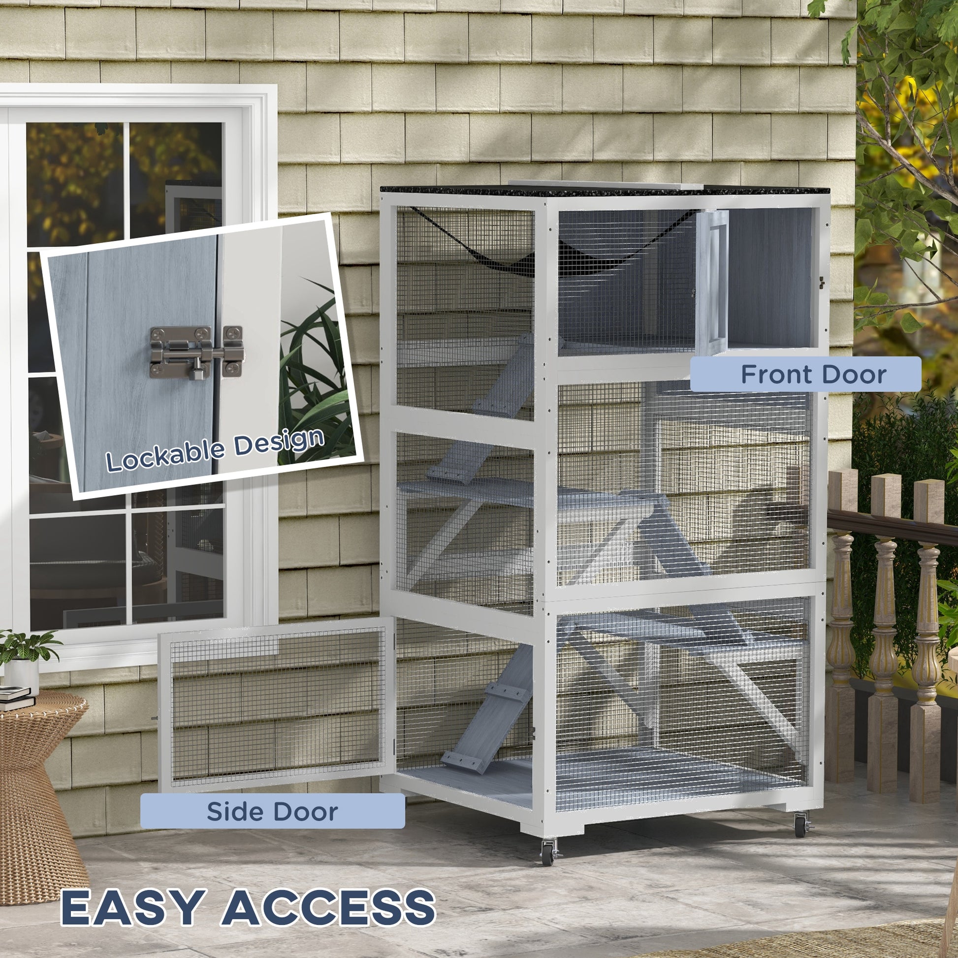 34" L Catio Outdoor Cat Enclosure on Wheels with Hammock Multiple Platforms Resting Condo Ramps for 1-3 Cats, Light Grey